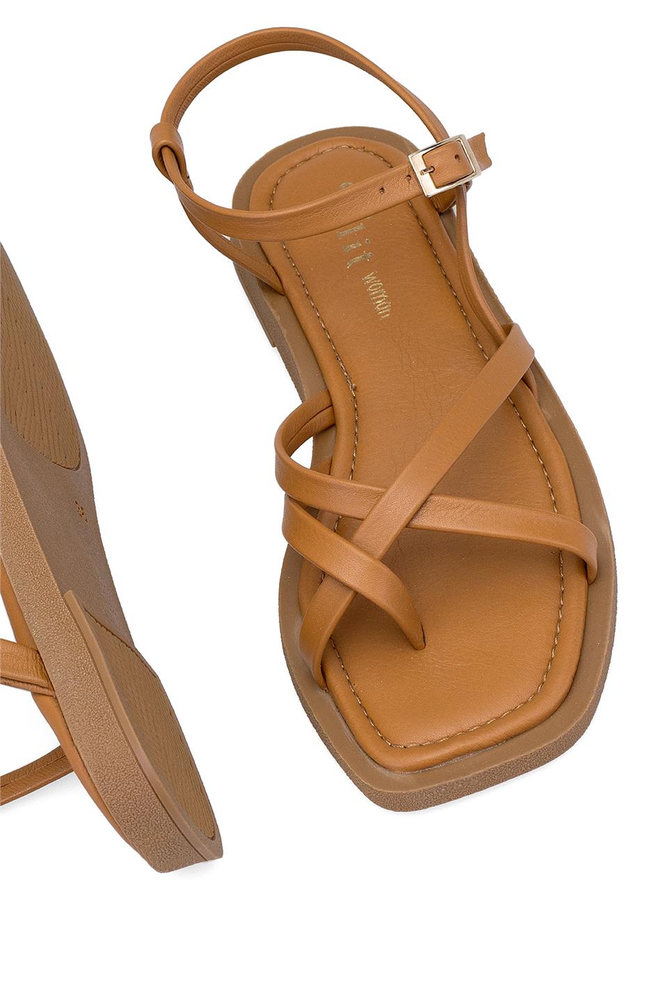 Elit Raveena Kadın Hakiki Deri Ortopedik Düz Sandalet Taba