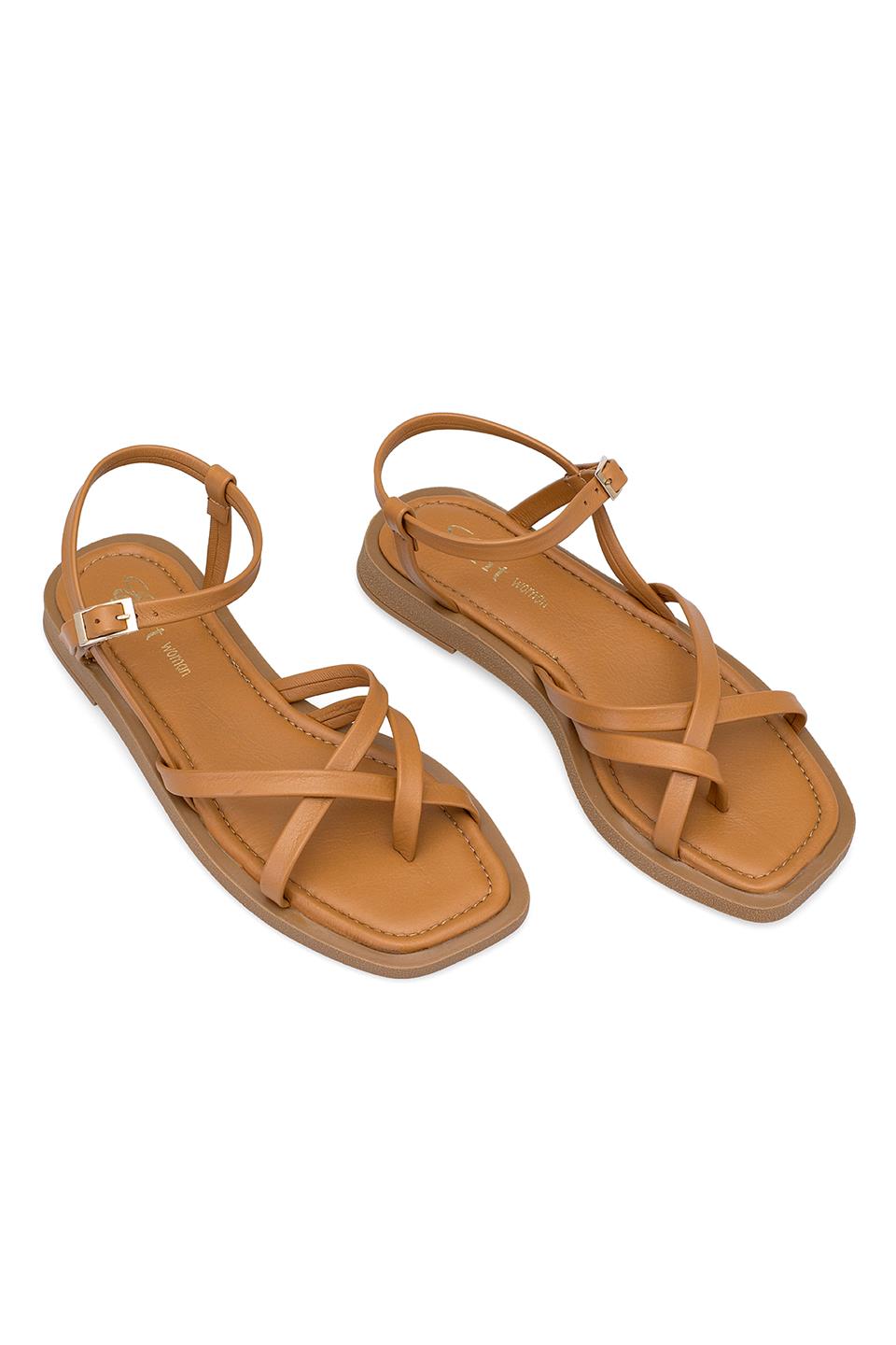 Elit Raveena Kadın Hakiki Deri Ortopedik Düz Sandalet Taba