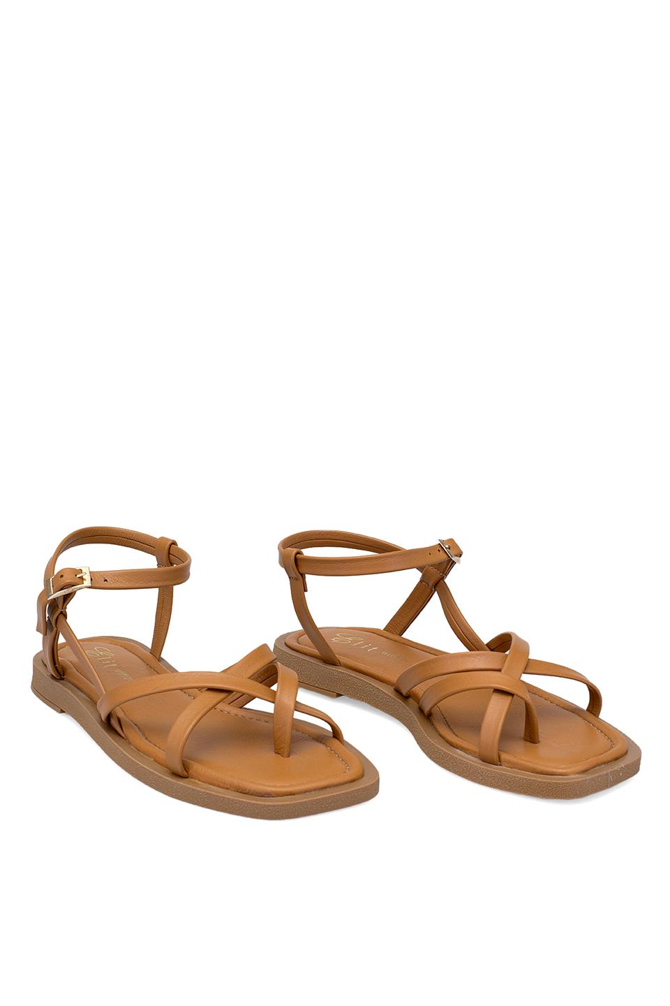 Elit Raveena Kadın Hakiki Deri Ortopedik Düz Sandalet Taba