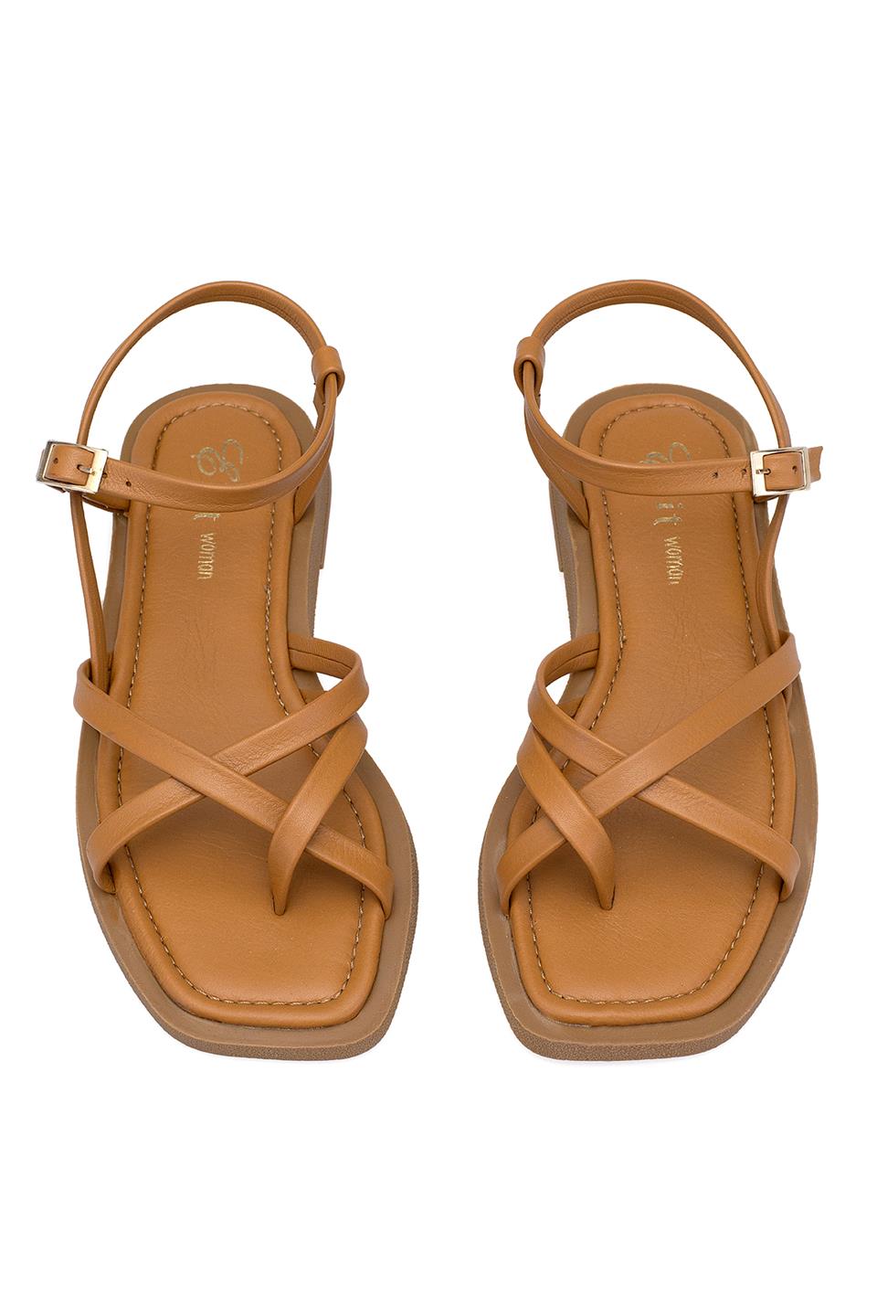 Elit Raveena Kadın Hakiki Deri Ortopedik Düz Sandalet Taba