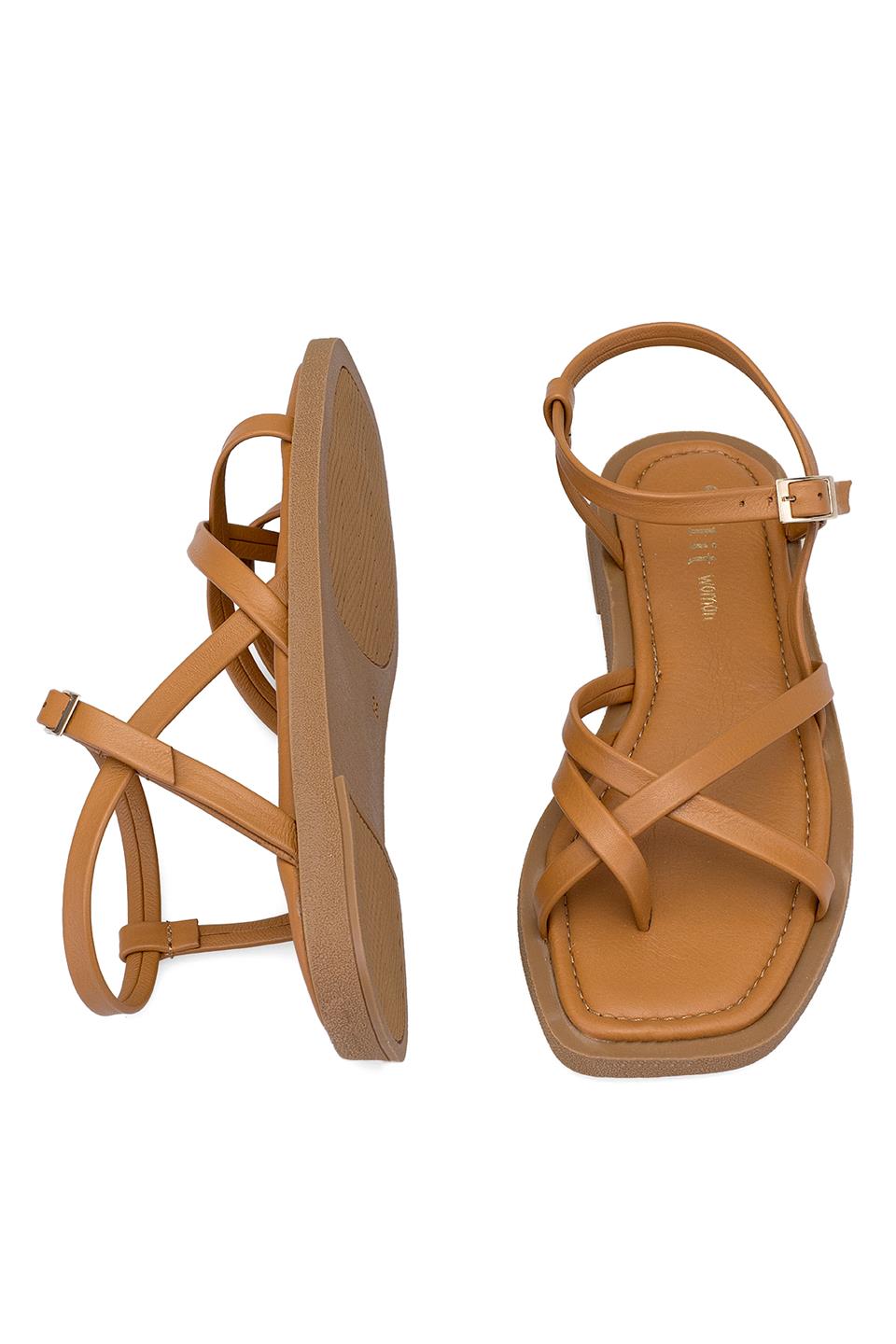 Elit Raveena Kadın Hakiki Deri Ortopedik Düz Sandalet Taba