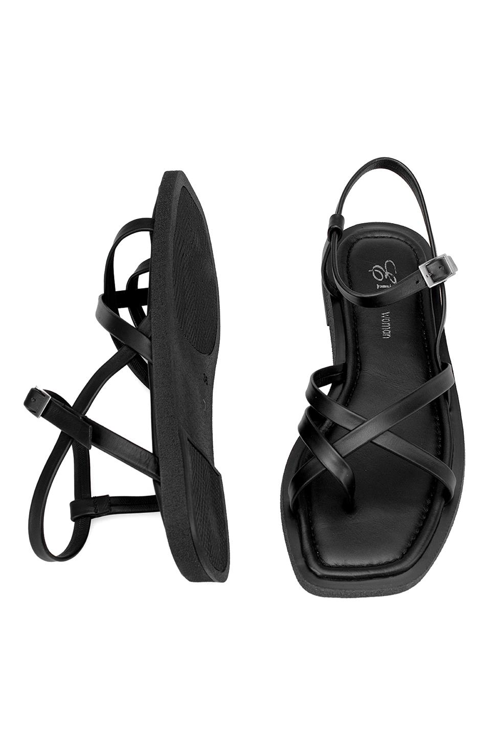 Elit Raveena Kadın Hakiki Deri Ortopedik Düz Sandalet Siyah