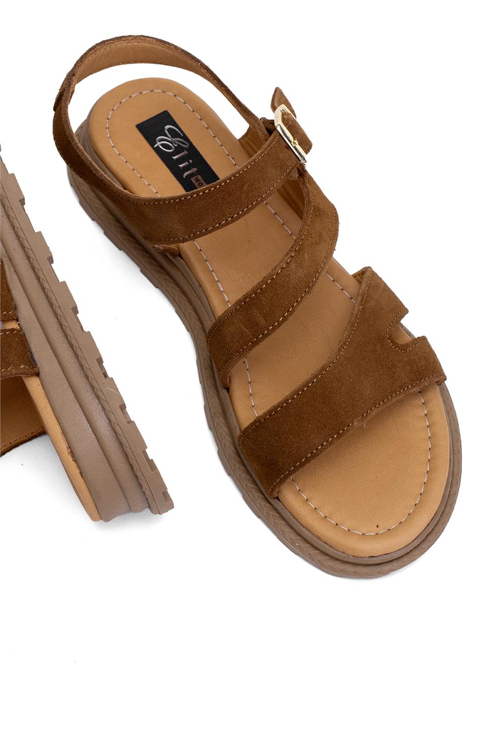 Elit Rhea Kadın Hakiki Deri Düz Sandalet Taba