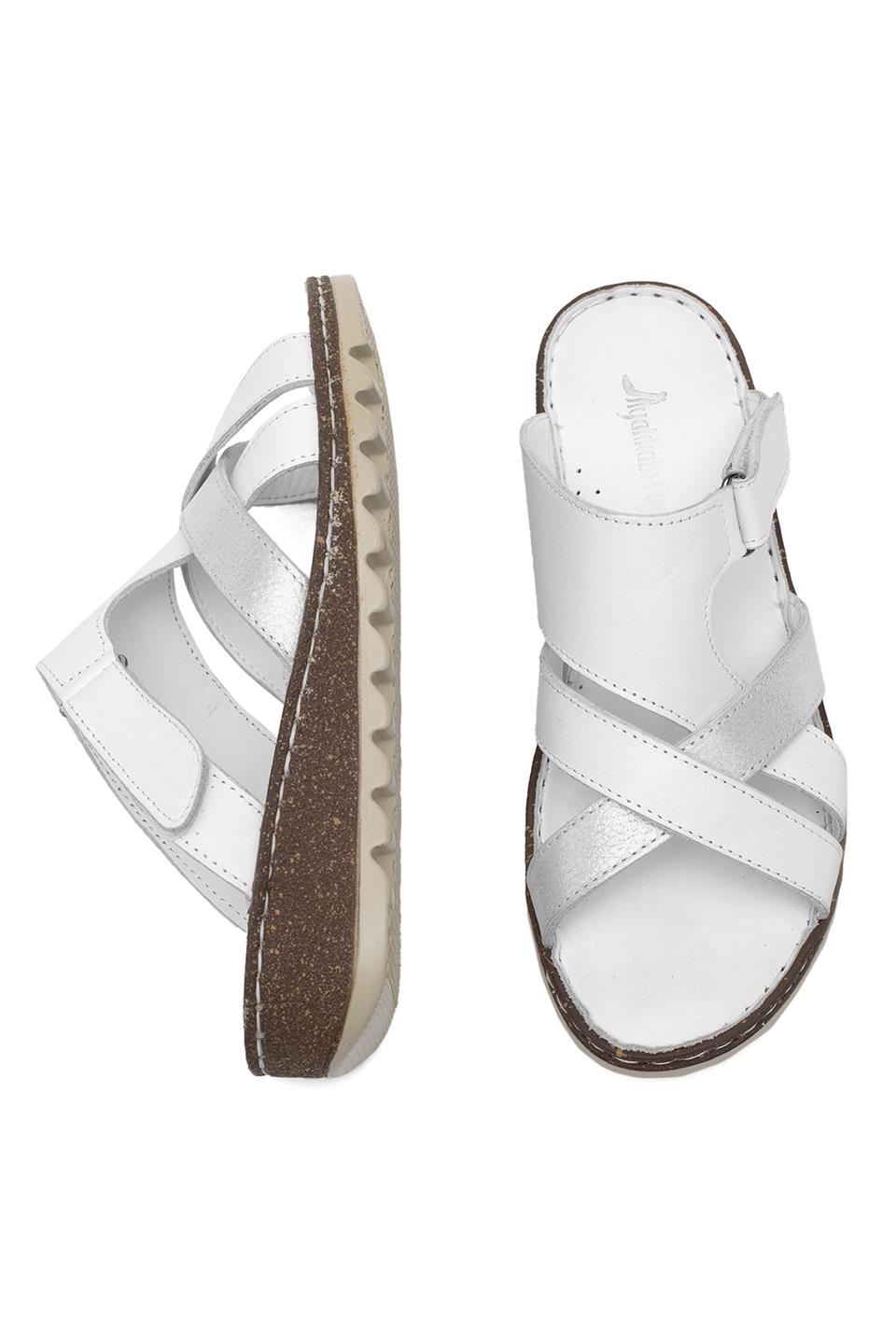 Elit Rhm012 Kadın Hakiki Deri Ortopedik Düz Terlik Beyaz