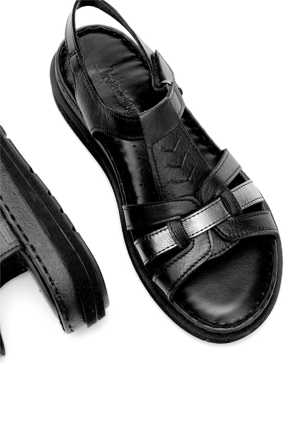 Elit Rhm017 Kadın Hakiki Deri Ortopedik Düz Sandalet Siyah