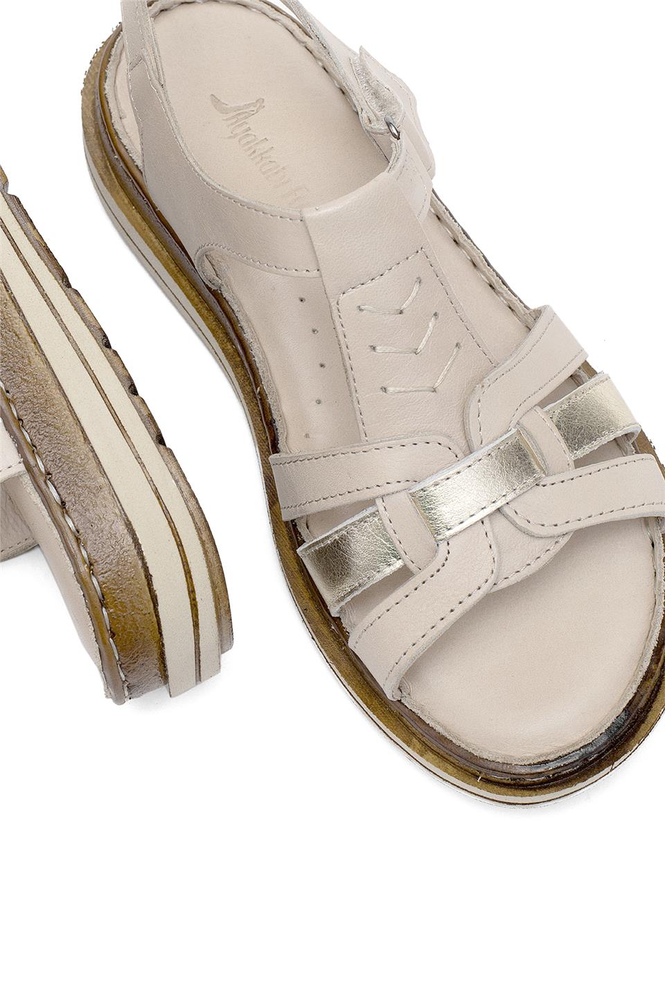 Elit Rhm017 Kadın Hakiki Deri Ortopedik Düz Sandalet Bej