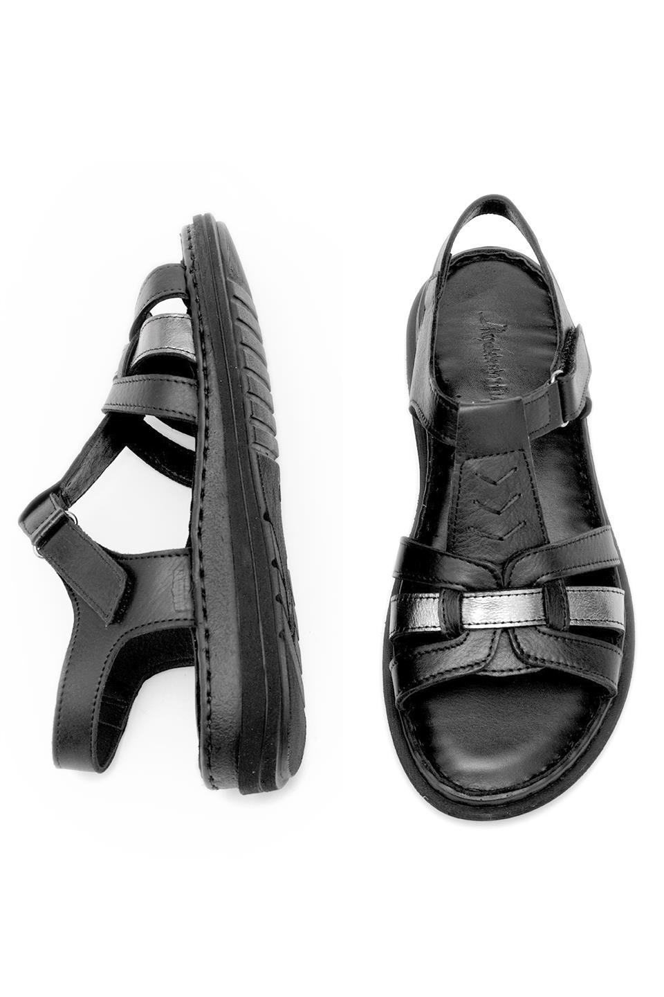 Elit Rhm017 Kadın Hakiki Deri Ortopedik Düz Sandalet Siyah