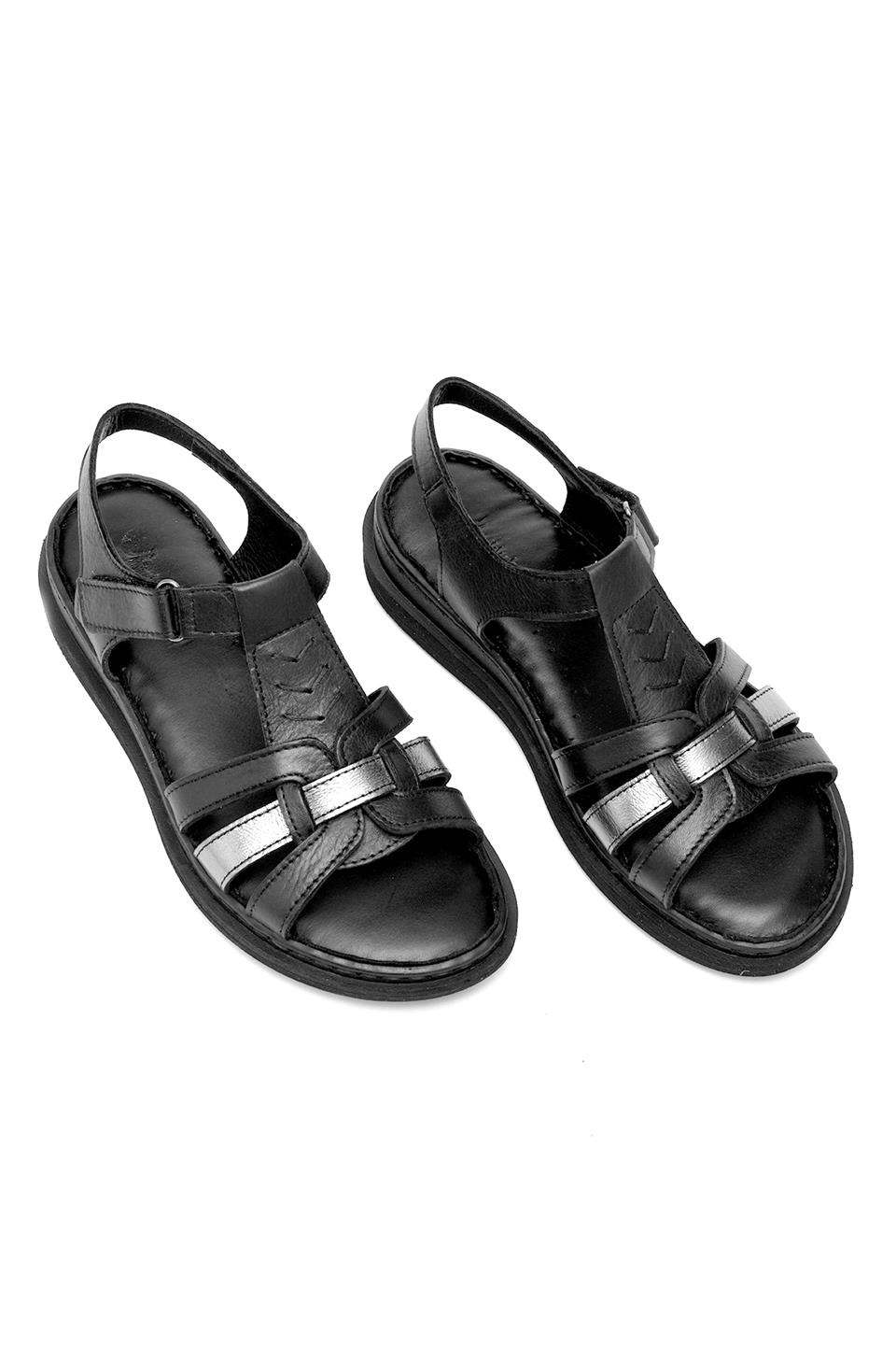 Elit Rhm017 Kadın Hakiki Deri Ortopedik Düz Sandalet Siyah