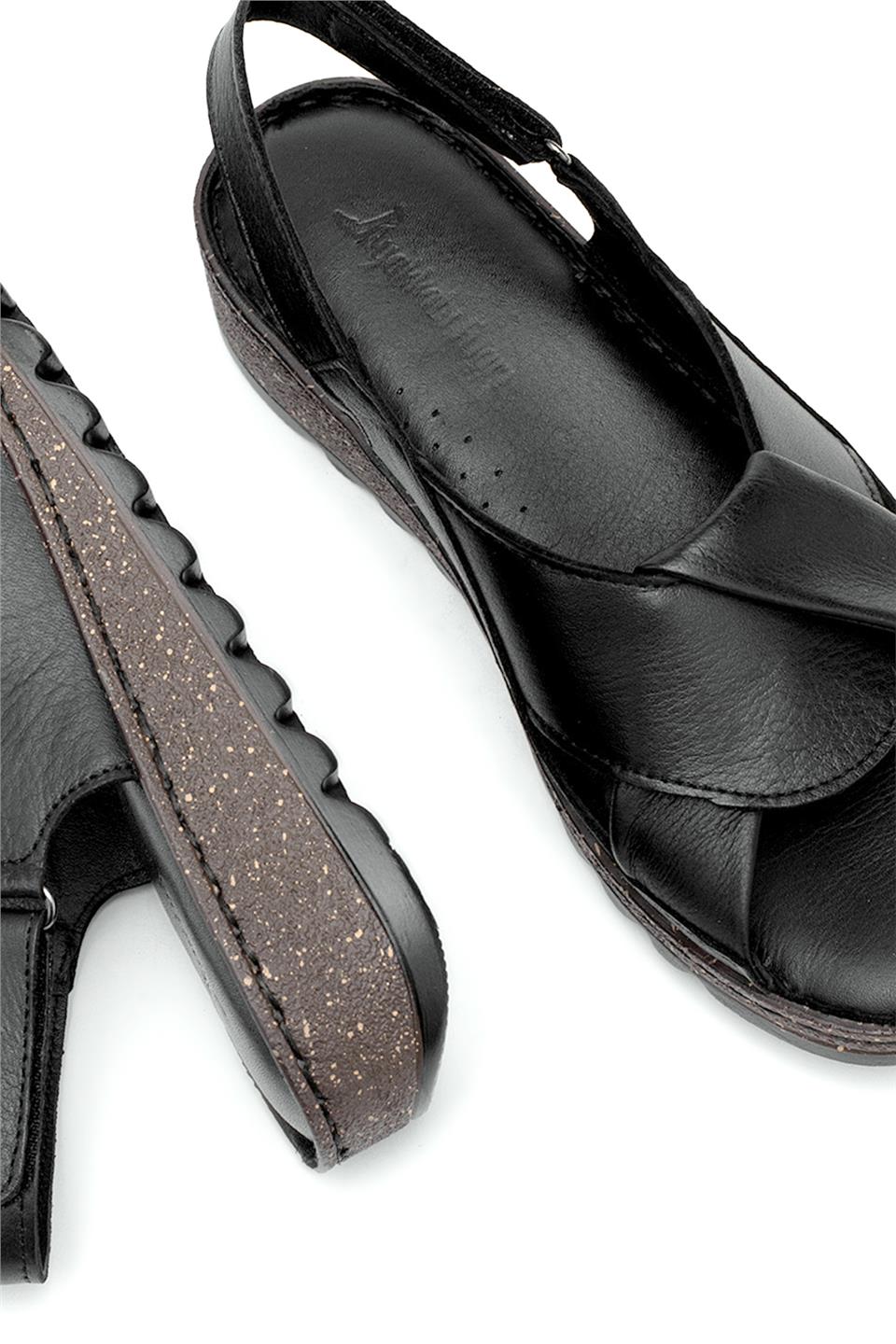 Elit Rhm018 Kadın Hakiki Deri Ortopedik Düz Sandalet Siyah