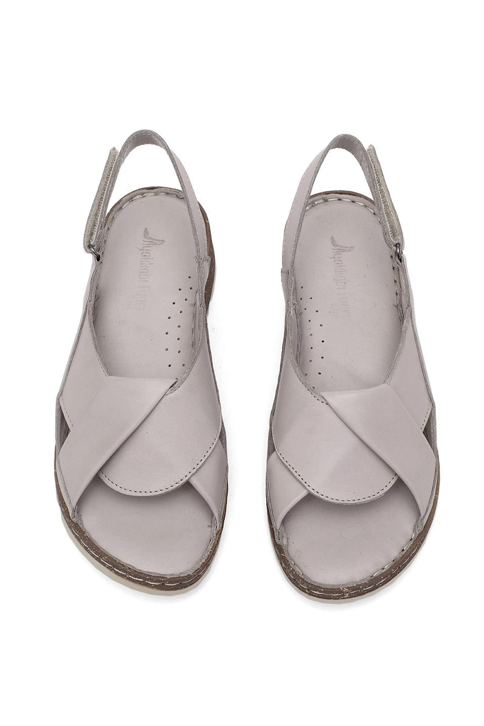 Elit Rhm018 Kadın Hakiki Deri Ortopedik Düz Sandalet Gri