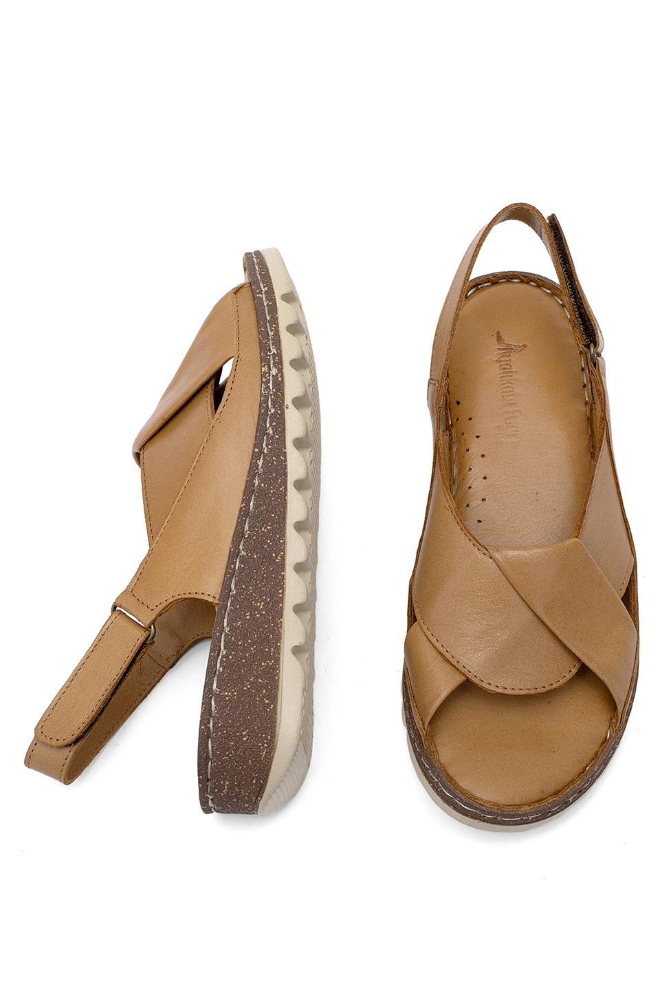 Elit Rhm018 Kadın Hakiki Deri Ortopedik Düz Sandalet Taba