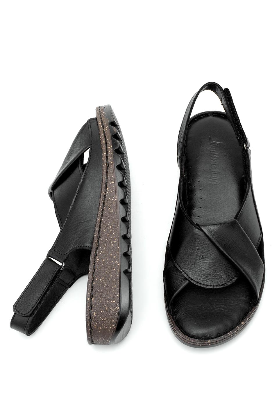 Elit Rhm018 Kadın Hakiki Deri Ortopedik Düz Sandalet Siyah