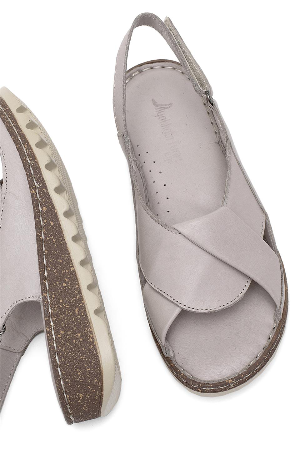 Elit Rhm018 Kadın Hakiki Deri Ortopedik Düz Sandalet Gri