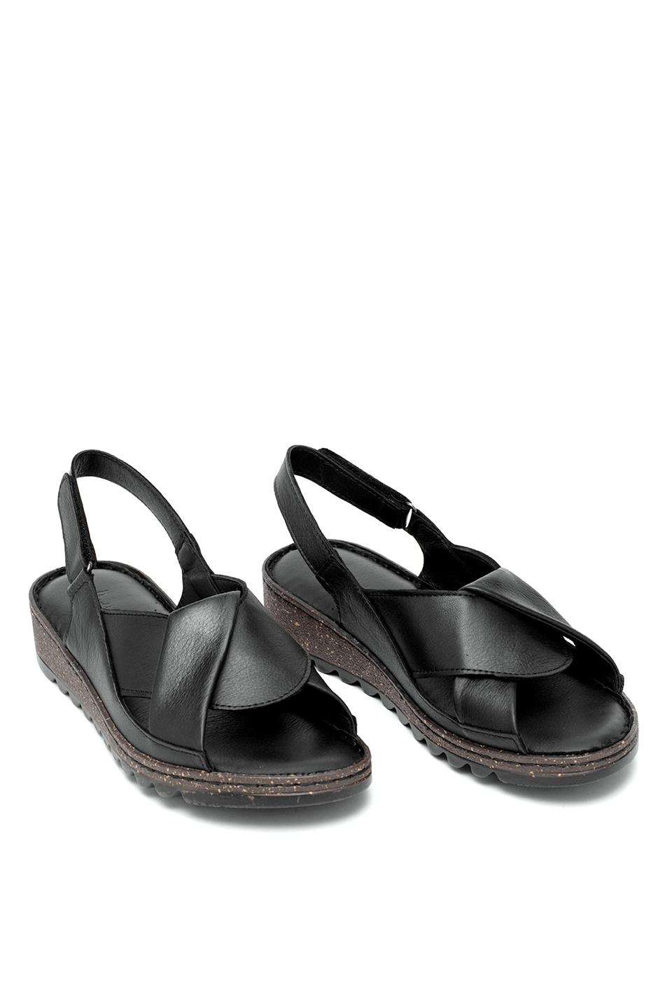 Elit Rhm018 Kadın Hakiki Deri Ortopedik Düz Sandalet Siyah