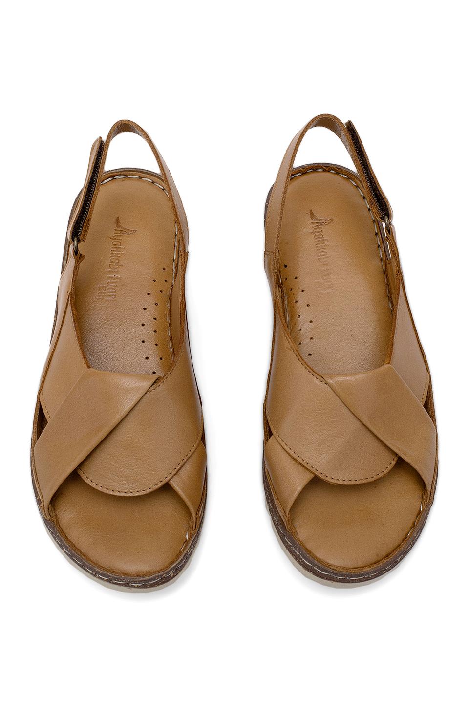 Elit Rhm018 Kadın Hakiki Deri Ortopedik Düz Sandalet Taba