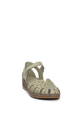 Elit Rhm204 Kadın Hakiki Deri Düz Sandalet Yeşil