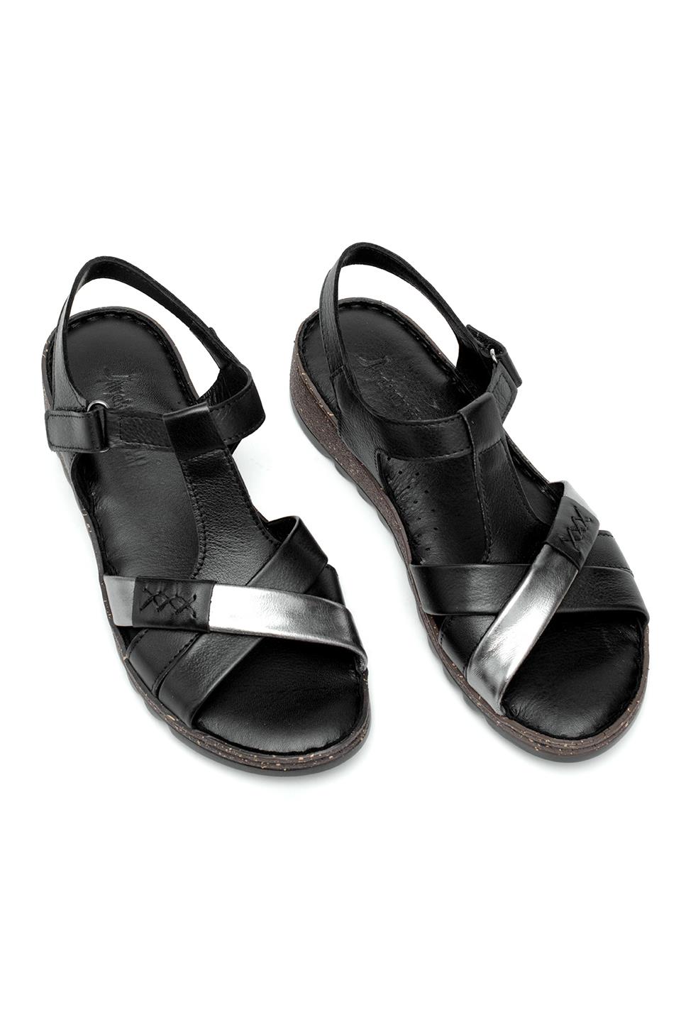 Elit Rhm207 Kadın Hakiki Deri Ortopedik Düz Sandalet Siyah