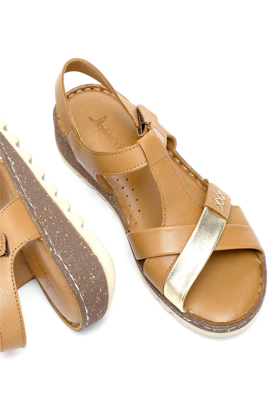 Elit Rhm207 Kadın Hakiki Deri Ortopedik Düz Sandalet Taba