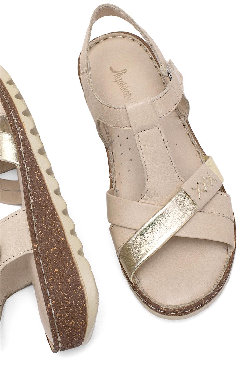 Elit Rhm207 Kadın Hakiki Deri Ortopedik Düz Sandalet Bej