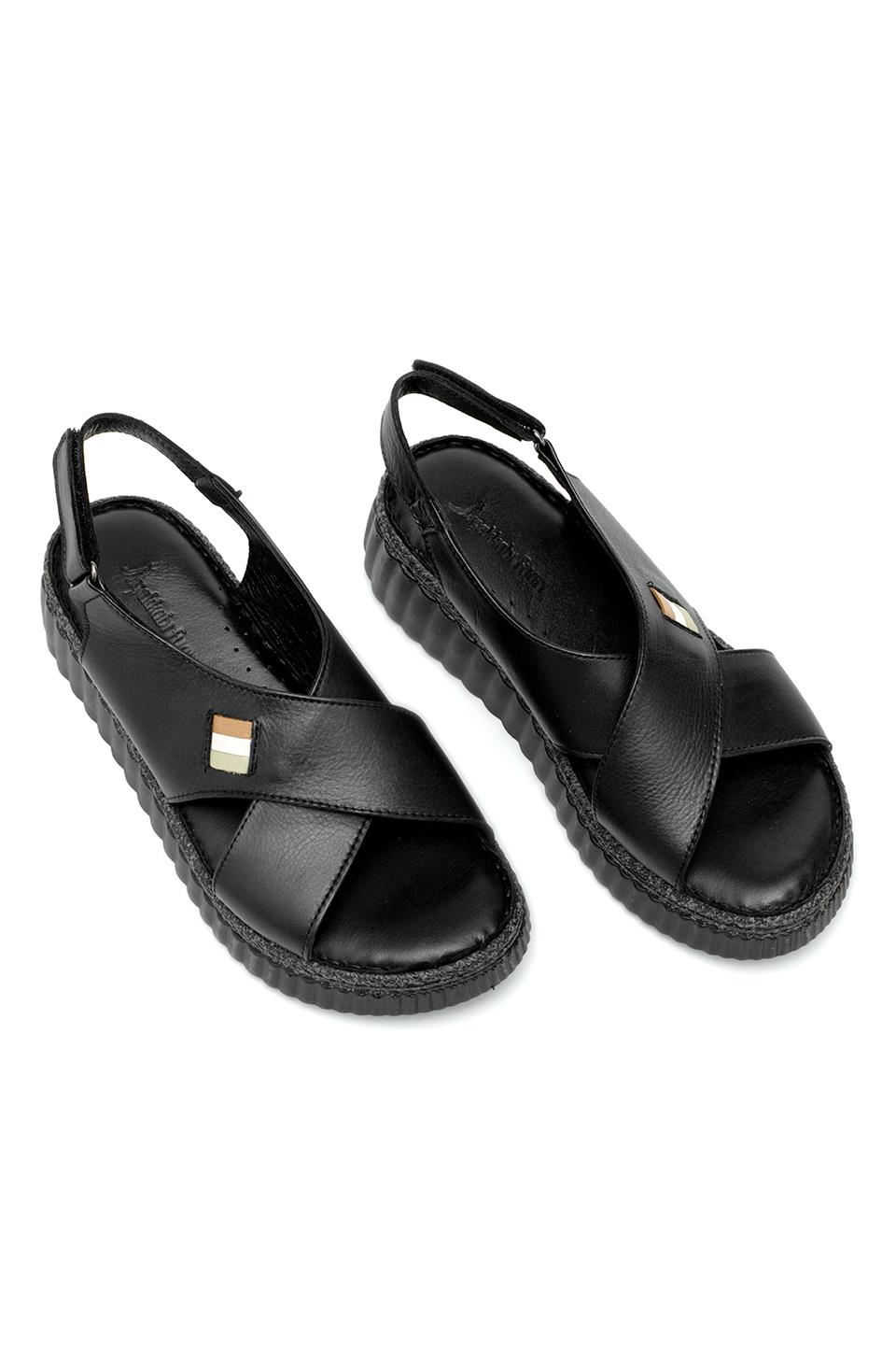 Elit Rhm408 Kadın Hakiki Deri Ortopedik Düz Sandalet Siyah