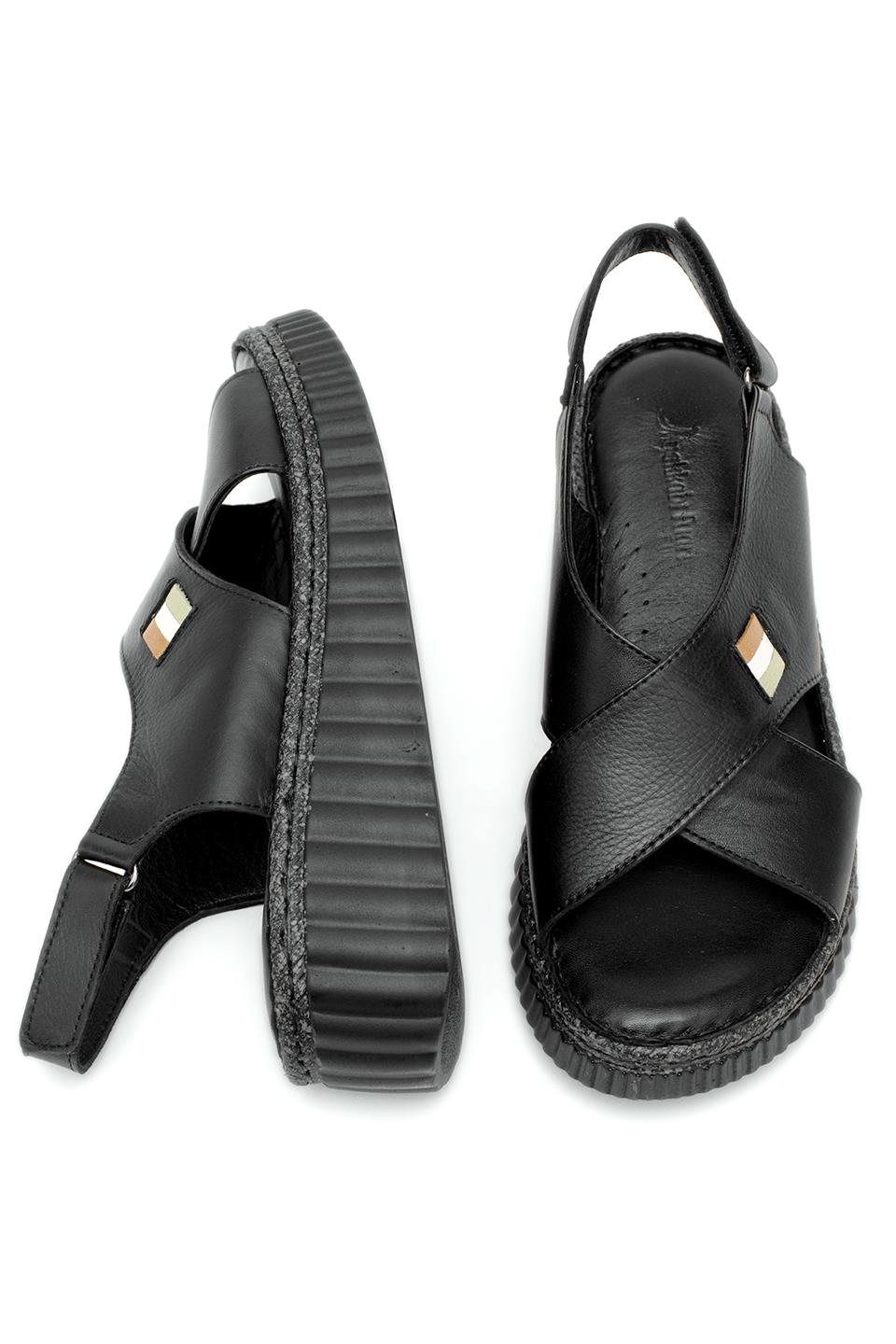 Elit Rhm408 Kadın Hakiki Deri Ortopedik Düz Sandalet Siyah