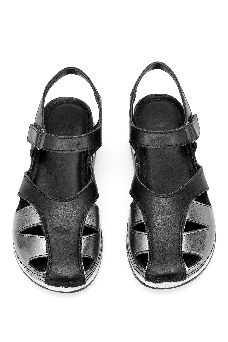 Elit RhmM-01 Kadın Hakiki Deri Ortopedik Düz Sandalet Siyah