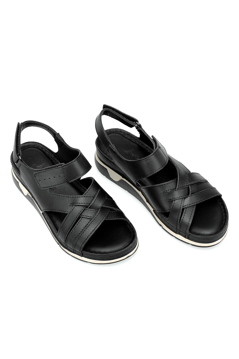 Elit RhmM-04 Kadın Hakiki Deri Ortopedik Düz Sandalet Siyah