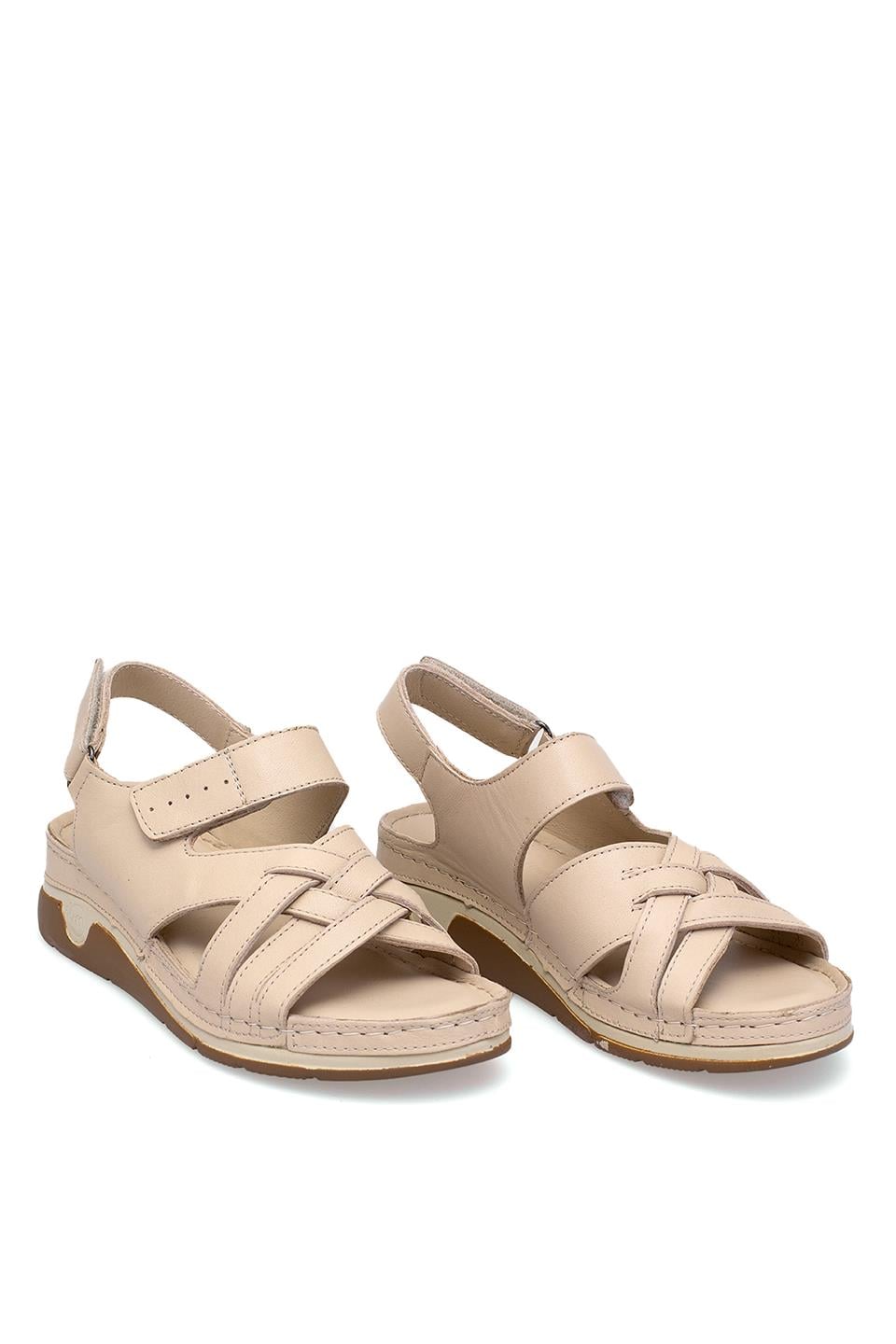 Elit RhmM-04 Kadın Hakiki Deri Ortopedik Düz Sandalet Bej