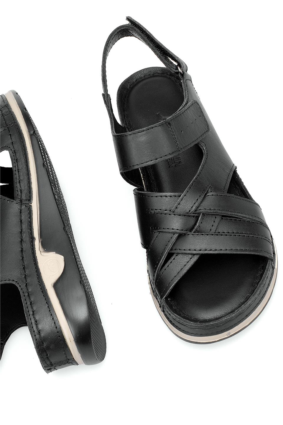 Elit RhmM-04 Kadın Hakiki Deri Ortopedik Düz Sandalet Siyah