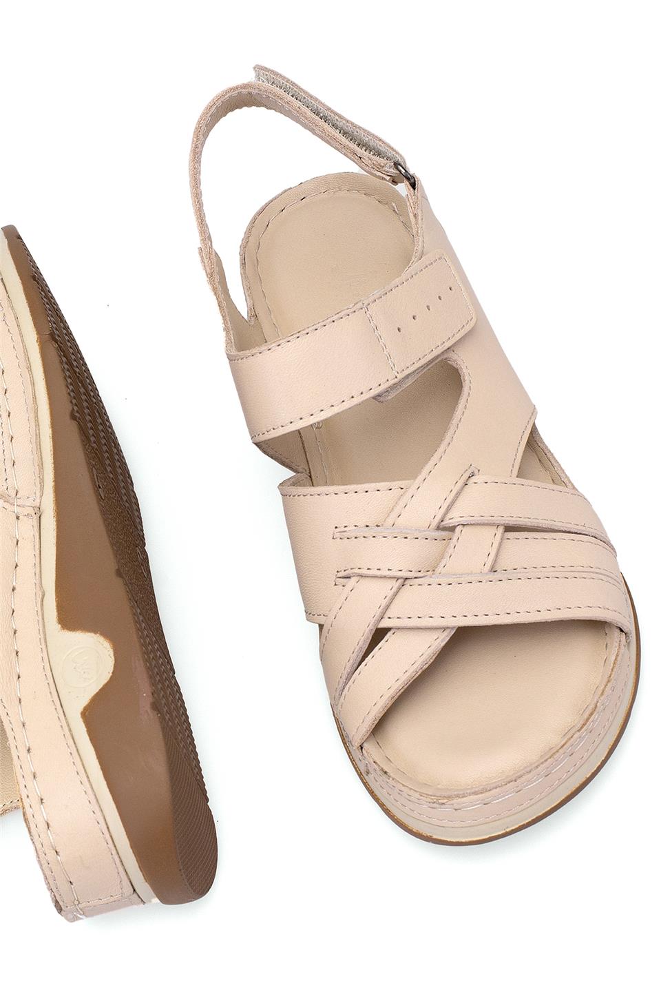 Elit RhmM-04 Kadın Hakiki Deri Ortopedik Düz Sandalet Bej
