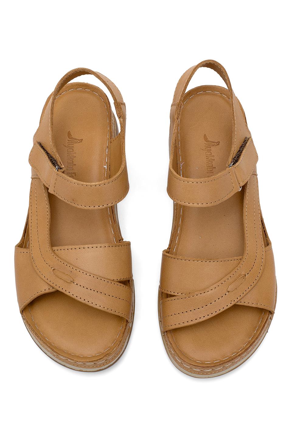 Elit RhmM-14 Kadın Hakiki Deri Ortopedik Düz Sandalet Taba