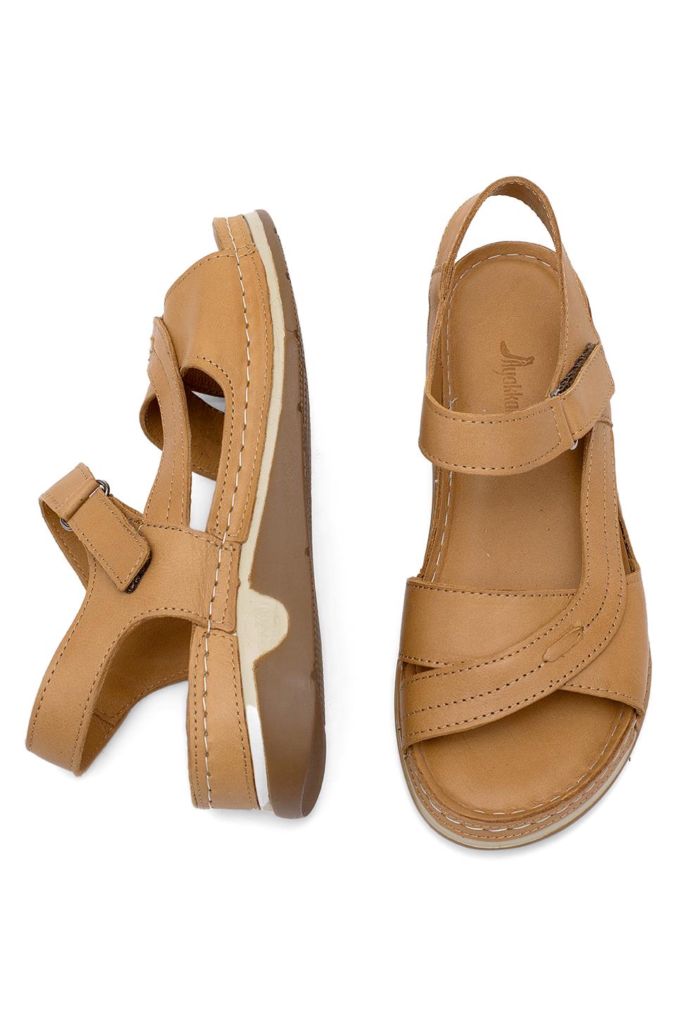 Elit RhmM-14 Kadın Hakiki Deri Ortopedik Düz Sandalet Taba