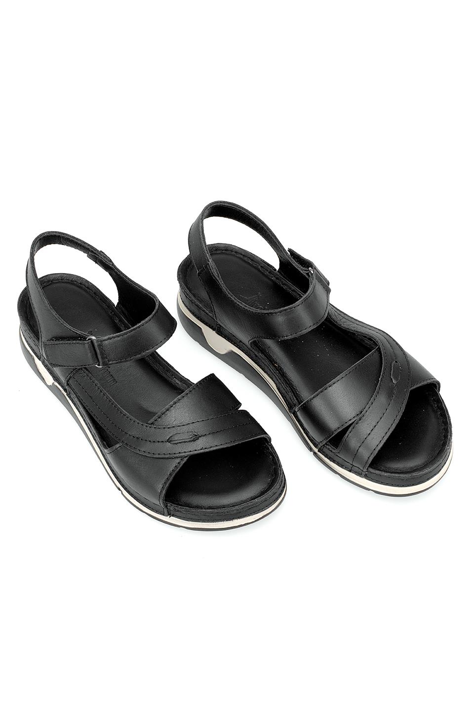 Elit RhmM-14 Kadın Hakiki Deri Ortopedik Düz Sandalet Siyah