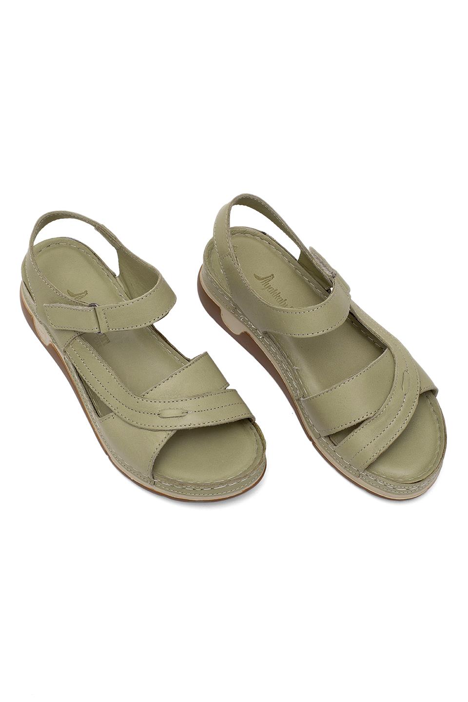 Elit RhmM-14 Kadın Hakiki Deri Ortopedik Düz Sandalet Yeşil