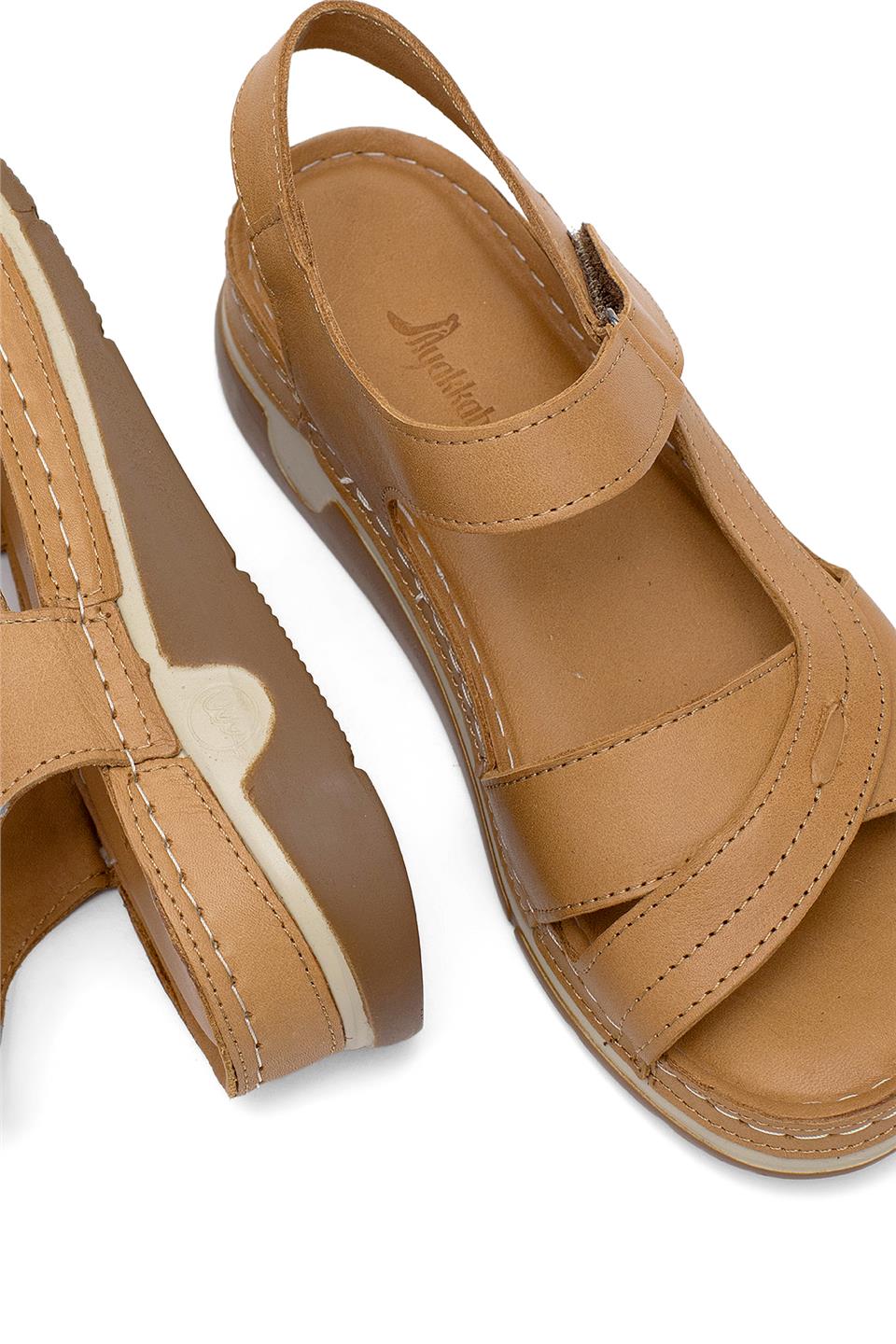 Elit RhmM-14 Kadın Hakiki Deri Ortopedik Düz Sandalet Taba