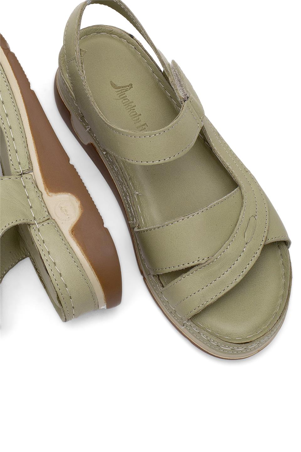 Elit RhmM-14 Kadın Hakiki Deri Ortopedik Düz Sandalet Yeşil