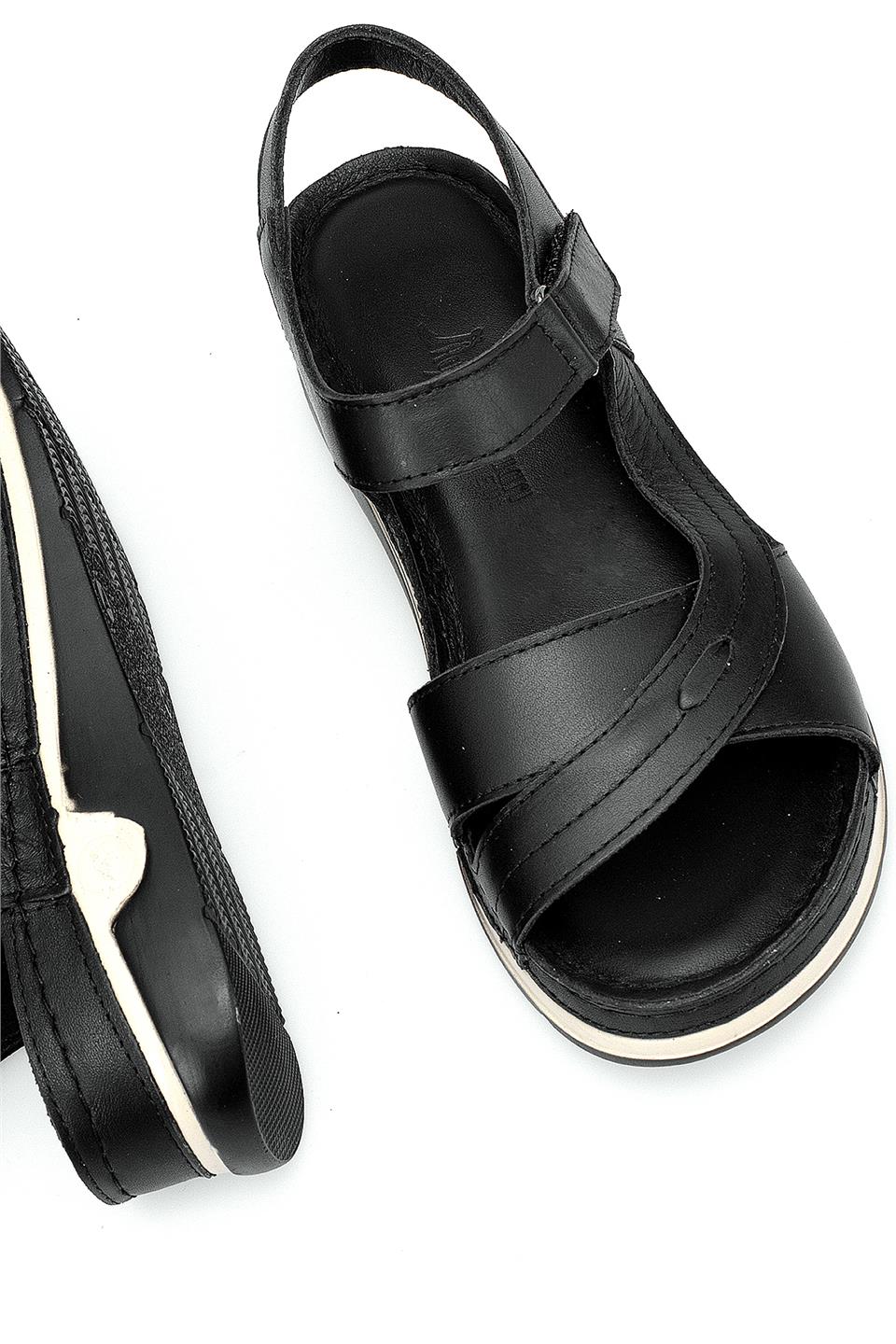 Elit RhmM-14 Kadın Hakiki Deri Ortopedik Düz Sandalet Siyah