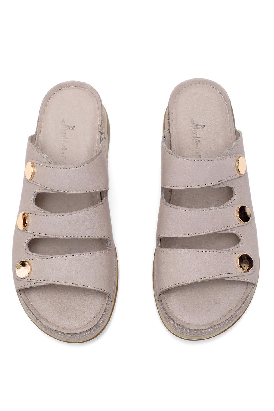 Elit RhmM-15 Kadın Hakiki Deri Ortopedik Düz Terlik Gri