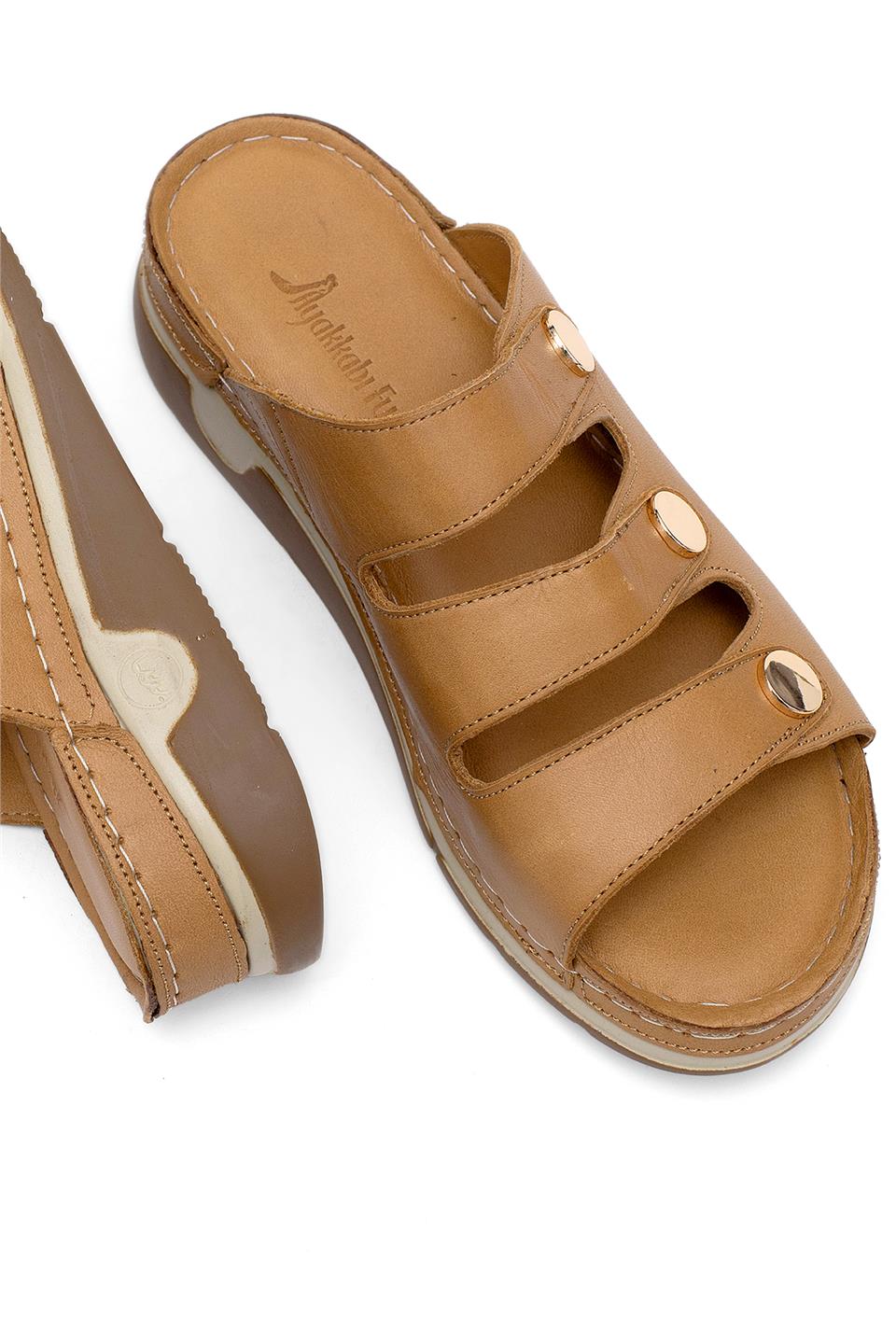 Elit RhmM-15 Kadın Hakiki Deri Ortopedik Düz Terlik Taba