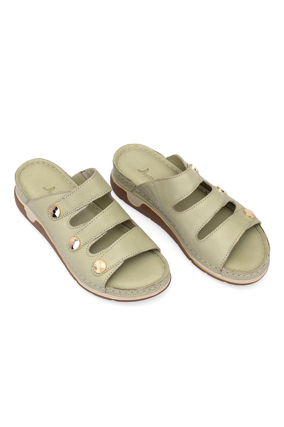 Elit RhmM-15 Kadın Hakiki Deri Ortopedik Düz Terlik Yeşil