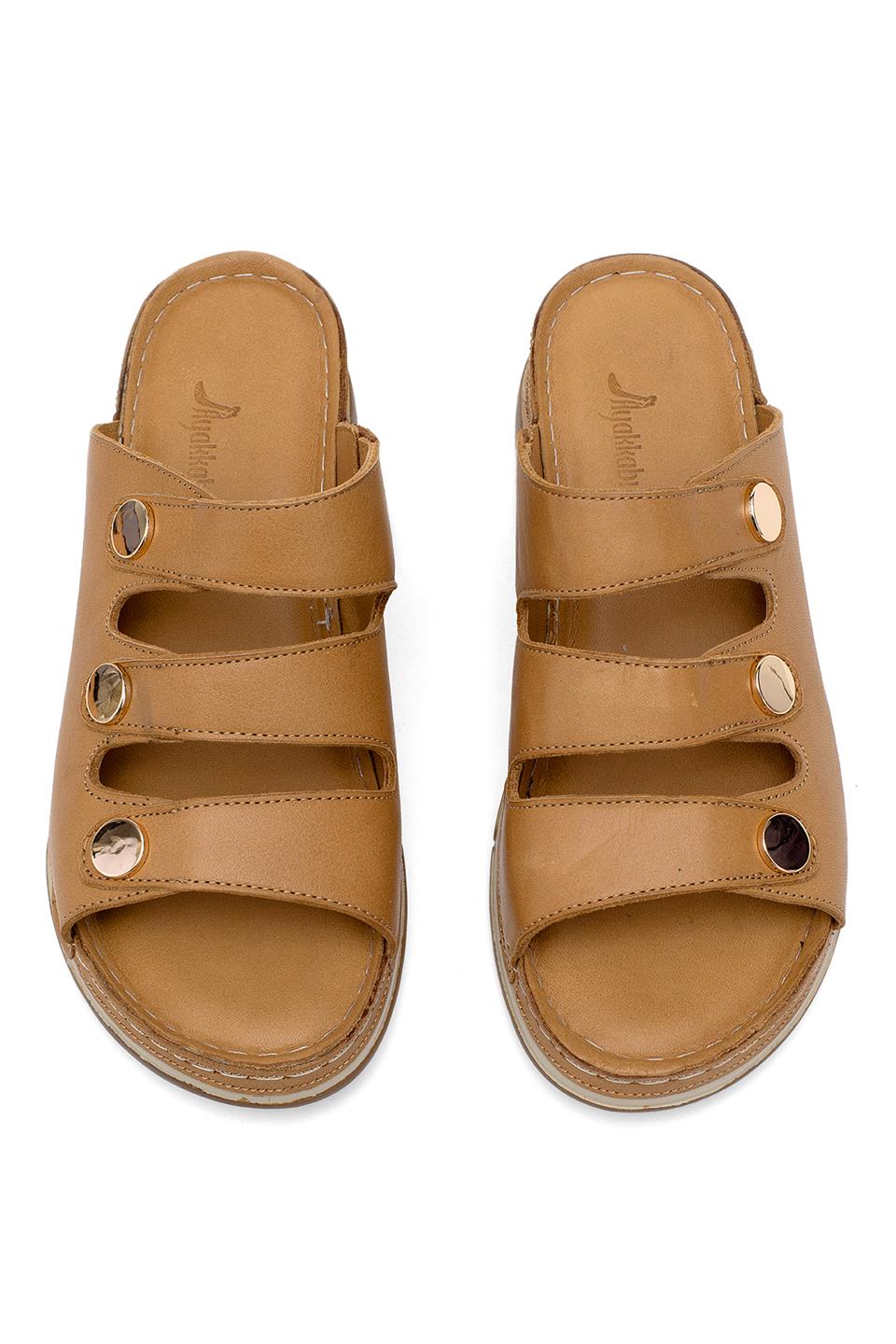 Elit RhmM-15 Kadın Hakiki Deri Ortopedik Düz Terlik Taba