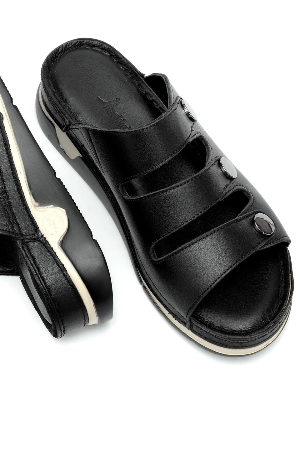 Elit RhmM-15 Kadın Hakiki Deri Ortopedik Düz Terlik Siyah