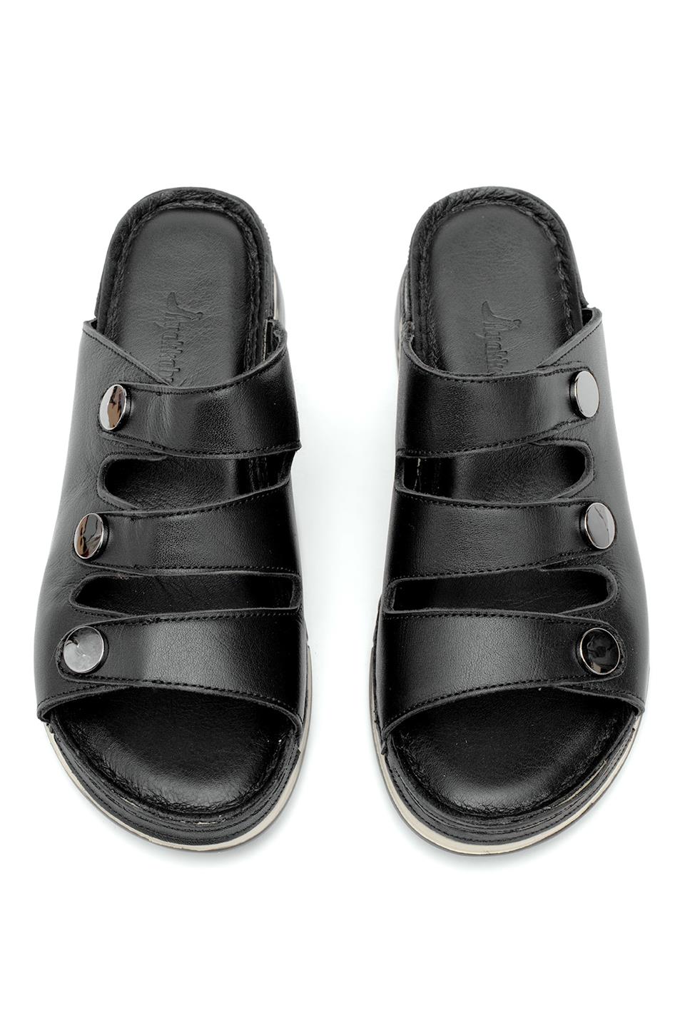 Elit RhmM-15 Kadın Hakiki Deri Ortopedik Düz Terlik Siyah