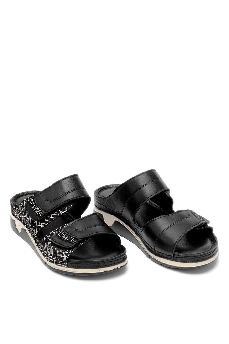 Elit RhmM-17 Kadın Hakiki Deri Ortopedik Düz Terlik Siyah