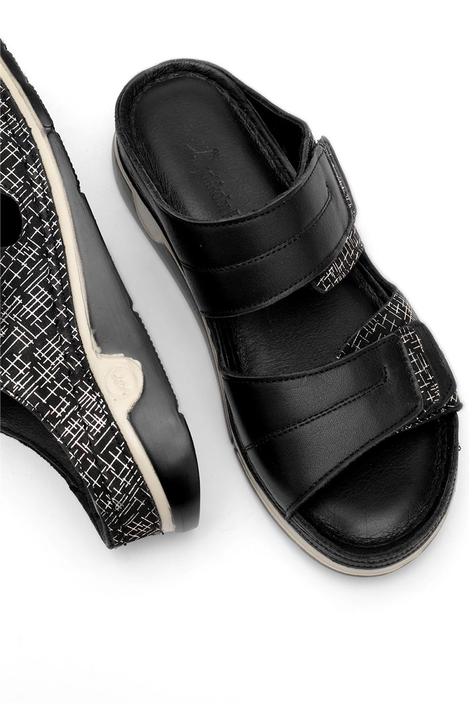 Elit RhmM-17 Kadın Hakiki Deri Ortopedik Düz Terlik Siyah