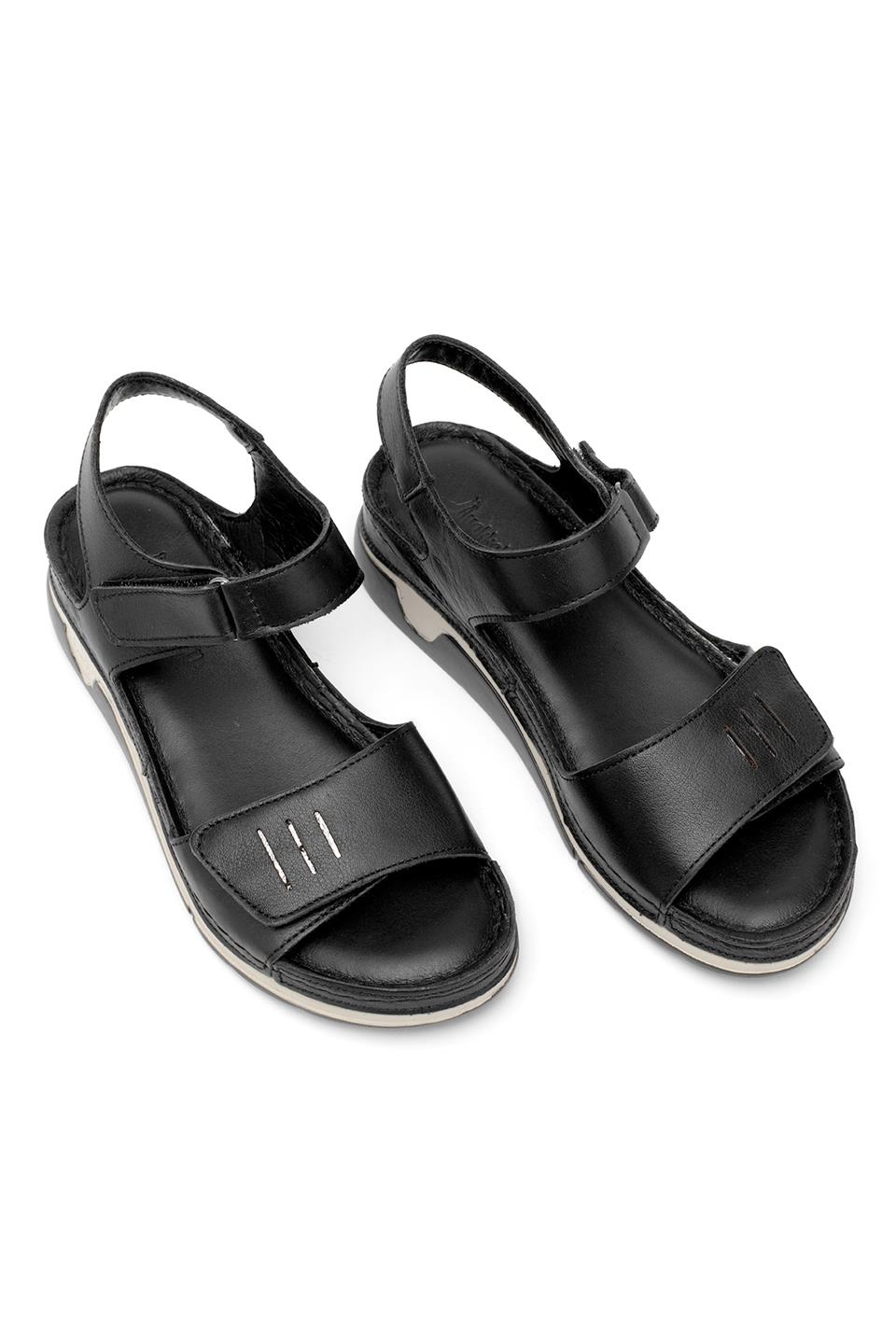 Elit RhmM-22 Kadın Hakiki Deri Ortopedik Düz Sandalet Siyah