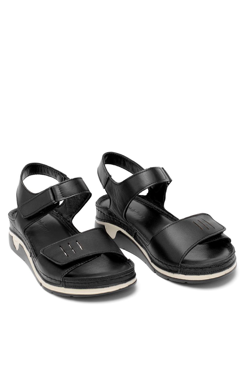 Elit RhmM-22 Kadın Hakiki Deri Ortopedik Düz Sandalet Siyah