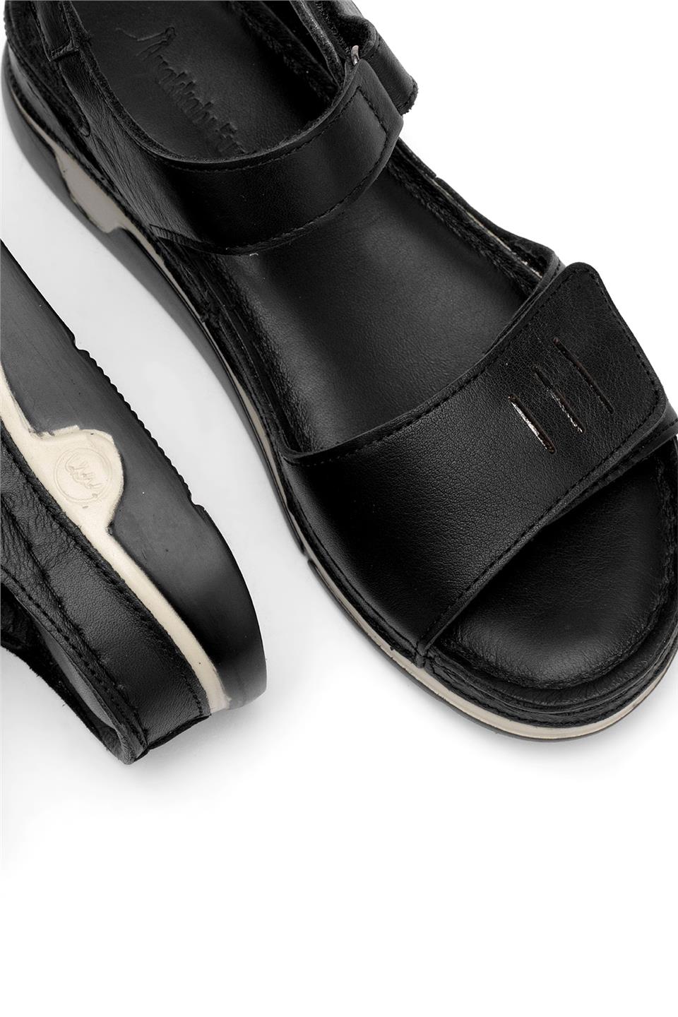 Elit RhmM-22 Kadın Hakiki Deri Ortopedik Düz Sandalet Siyah