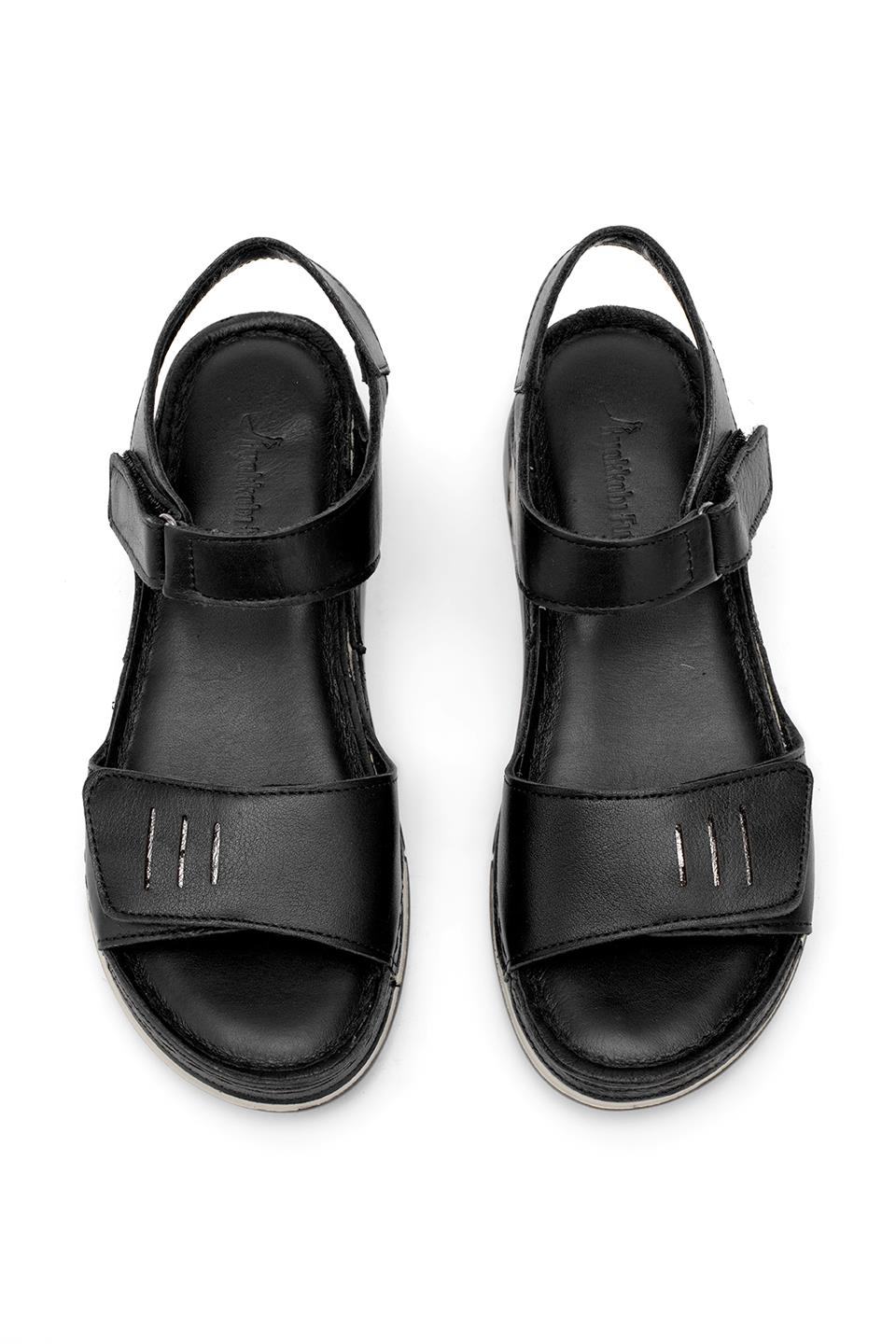 Elit RhmM-22 Kadın Hakiki Deri Ortopedik Düz Sandalet Siyah