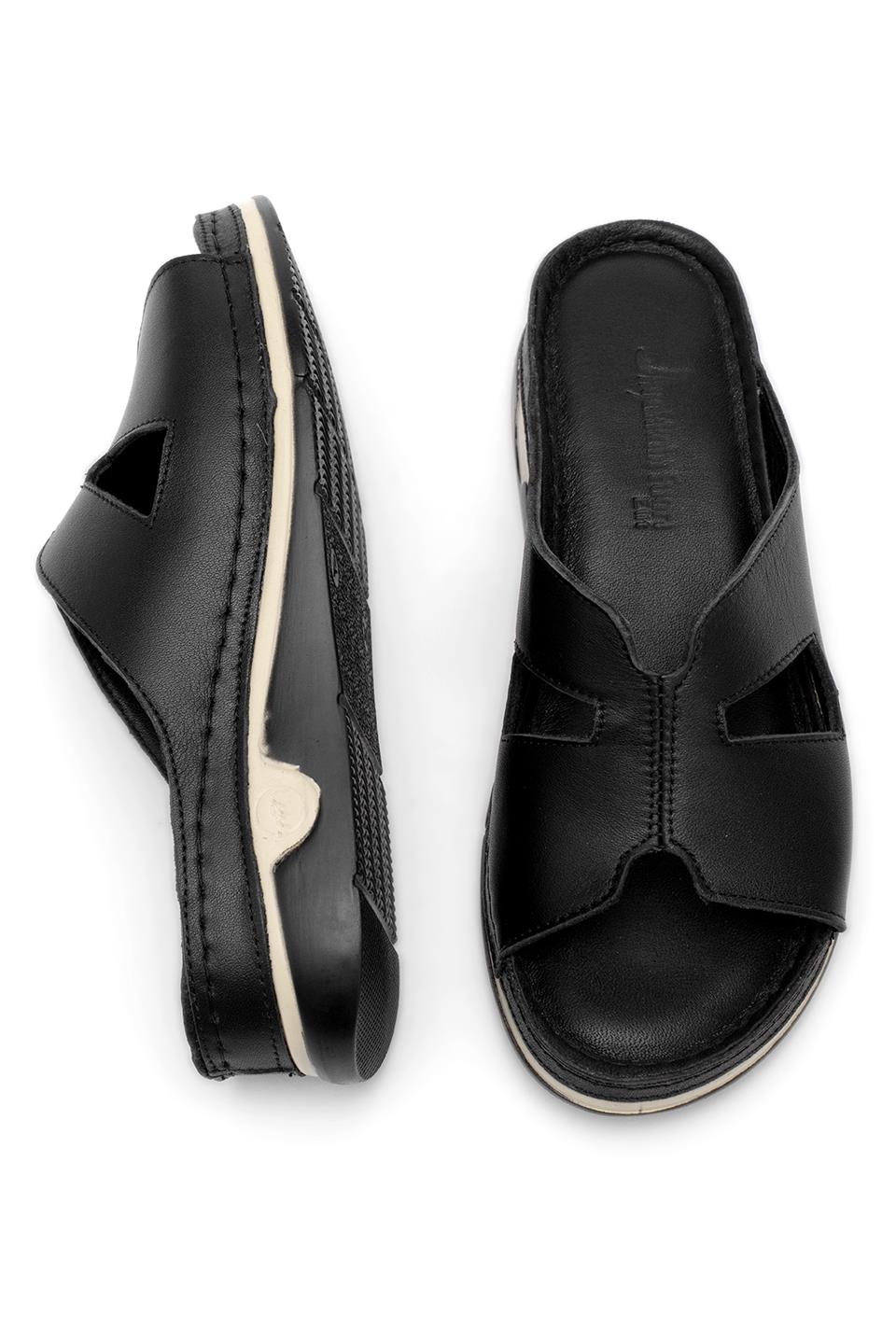 Elit RhmM-23 Kadın Hakiki Deri Ortopedik Düz Terlik Siyah